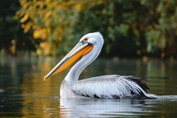 Pelican swimming gracefully in calm waters during a serene afternoon at the lake
