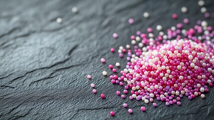 Tiny Pearl-Like Beads in Shades of Pink, Lavender, and White Scattered on a Textured Slate-Grey Surface with Sharp Clarity