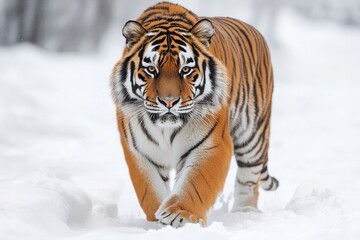 Obraz premium Tiger walks gracefully through snowy landscape in a serene winter setting