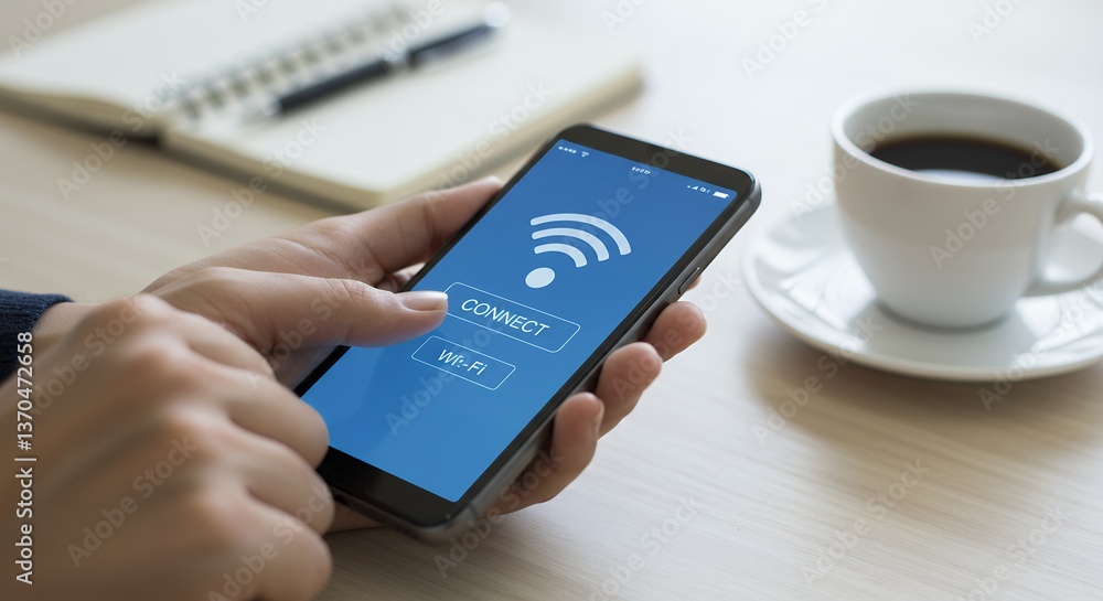 Poster connecting to wifi on a smartphone with a cup of coffee and notebook