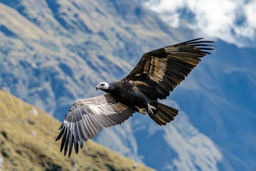 Majestic Andean condor soaring over the dramatic mountains of South America during clear daylight hours