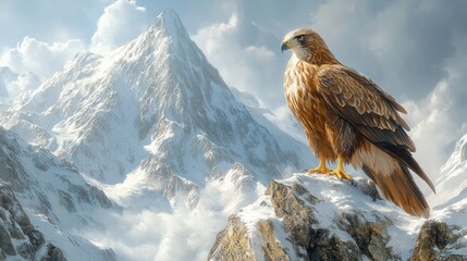 Majestic eagle atop snowy mountain peak