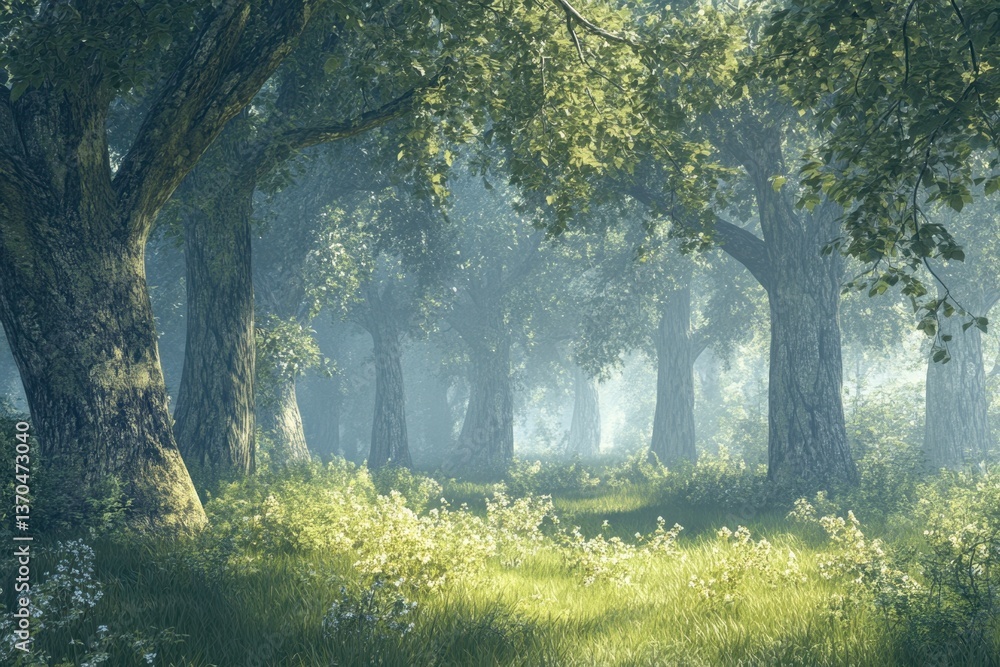 Poster misty forest landscape with towering trees and soft sunlight filtering through foliage