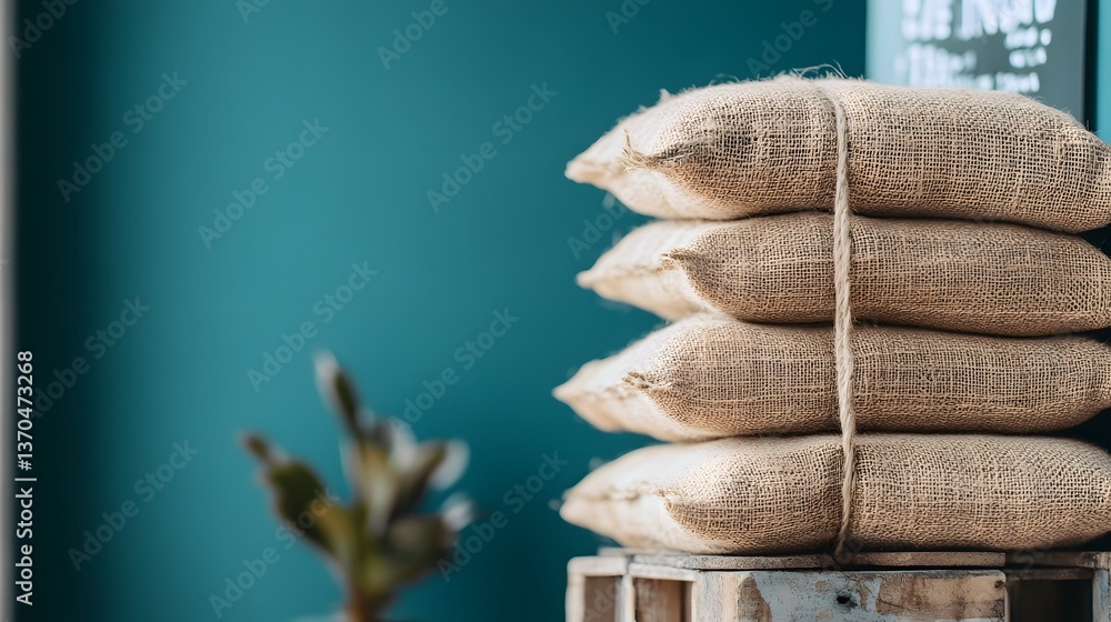 Poster stack of burlap sacks rustic texture background