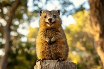 Cute and curious marsupial stands on a log in a sunlit forest during afternoon hours