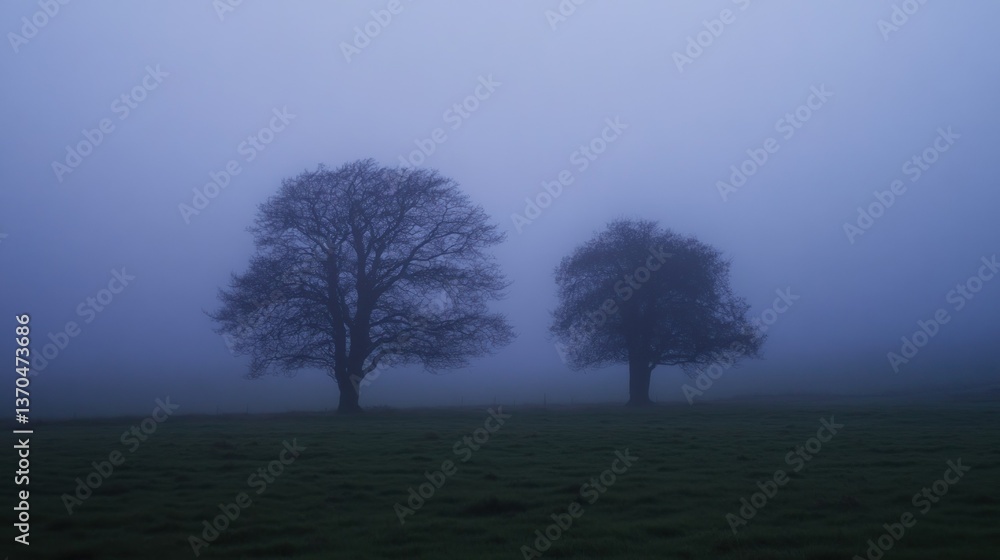 Poster two trees stand in a misty field creating a tranquil atmosphere