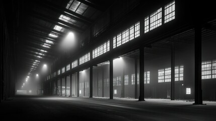 An empty industrial building with multiple illuminated windows and support beams