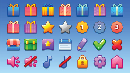 GUI Kit casual Asset for a game, a set of elements for the game interface - vector UI objects. Icons.