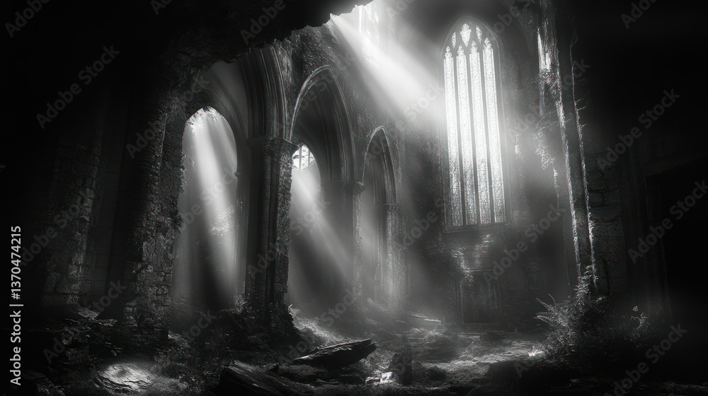 Poster sunlight streams through ruined arches of a gothic structure