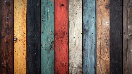 A row of wooden boards with different colors and patterns. The colors are red, yellow, green, blue, and white. The pattern is a mix of stripes and dots. Scene is cheerful and playful, as the colors
