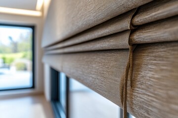 A close-up of textured window blinds showcasing their elegant folds, beautifully filtering the daylight while adding sophistication to a well-decorated indoor living space.