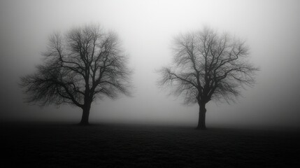Two bare trees stand in a misty and foggy landscape