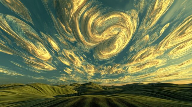 Dreamlike landscape: rolling hills under an ethereal, golden-cloud filled sky.