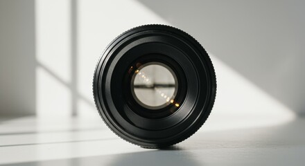Sleek camera lens capturing light and precision against a stark white backdrop