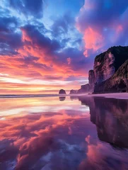 Selbstklebende Fototapeten Tranquil beach at colorful pink and purple sunset with stunning cloud reflections on wet sand creating a serene picturesque landscape © Moritz