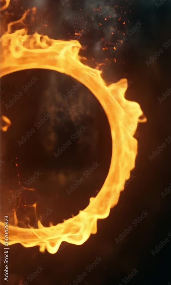 Poster a fiery ring of flames and sparks, creating a dynamic and captivating visual effect against a dark b