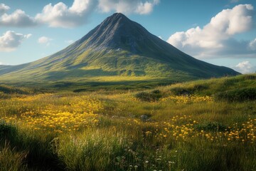Fototapeta premium Scenic view of a mountain surrounded by vibrant wildflowers in a peaceful landscape