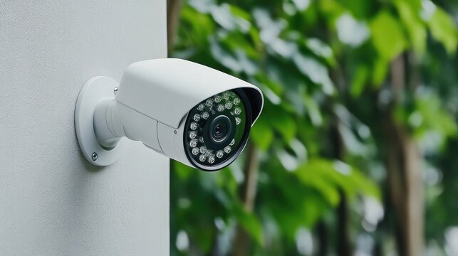 Exterior security camera mounted on a wall,  surrounded by lush greenery