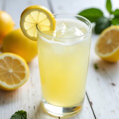 glass lemonade white wooden table glass filled yellow colored drink has slice lemon rim several whole lemons mint leaves scattered around table adding pop green color scene background blurred making