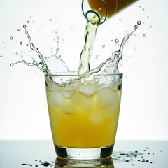 glass orange juice being poured bottle glass filled ice cubes juice bright yellow color bottle tilted right liquid splashing out creating splash effect background white small black dots scattered