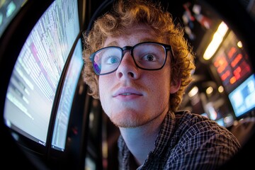 Cybersecurity specialist looks smiling widely at the monitor in dark data center. Nerd caucasian young man in relaxed, analytics reflections in his glasses. Visual layout of it.