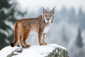 Obraz premium Eurasian lynx stands on rock in snow-covered forest during winter season