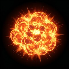 Fototapeta premium Fiery Explosion Effect with Glowing Flame Burst in Dark Background for VFX or Game Design 暗い背景に広がる発光する炎の爆発エフェクト、VFXやゲームデザイン向けの素材