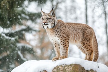 Obraz premium Lynx stands tall on a snowy rock surrounded by falling snowflakes in a serene winter landscape