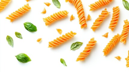 Scattered pasta and basil leaves arranged on a white surface
