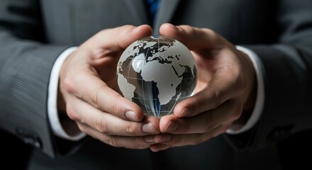 Close-up of hands holding a glass globe, with a map of the world inside the sphere