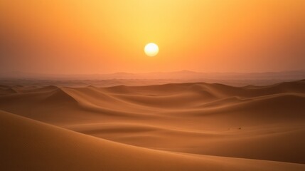 The desert landscape under an orange sky with a bright sun