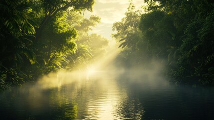 Fototapeta premium Lush jungle river at sunrise. Sunlight streams through misty foliage