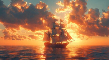 Fototapeta premium Majestic sailing ship at sunset
