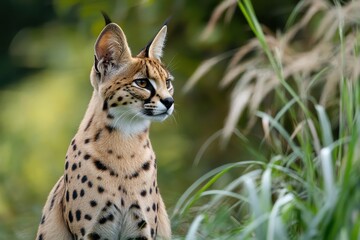 Serval cat observes surroundings in a lush environment during a sunny afternoon