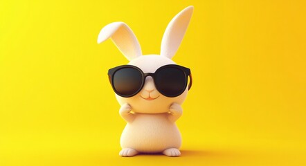Cute white Easter bunny wearing sunglasses on yellow background, stylish rabbit, spring holiday, fun animal portrait
