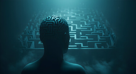 Abstract Silhouette with Pixelated Brain and Maze in Cyberpunk Style Mysterious Neural Network Represents Thinking Process