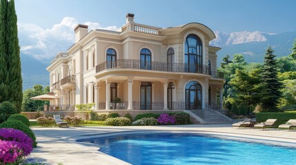 Fototapeta premium Mountainside mansion with pool, lush landscaping