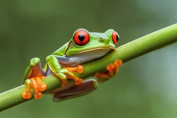 Obraz premium Colorful red-eyed tree frog perched on a green branch in a tropical environment