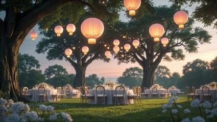 Elegant outdoor wedding reception with lanterns and floral decorations in a garden setting