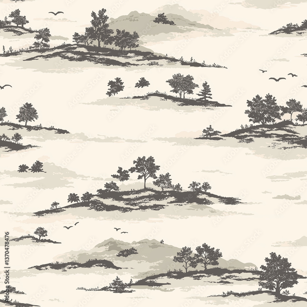 Poster a serene landscape pattern featuring trees and hills in soft monochrome tones.