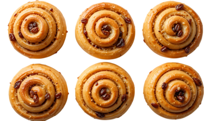 Freshly baked spiral pastries topped with raisins golden brown