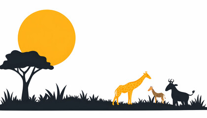 Fototapeta premium Silhouette of African savanna at sunset with giraffe family and antelope