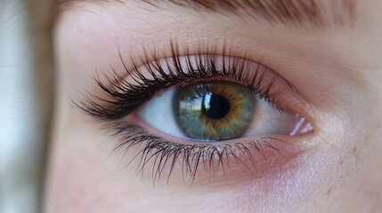 Fototapeta premium Close-up of thick, long eyelashes post beauty salon eyebrow and lash service. Open eye reveals full length of fake mink eyelash extensions, with soft lighting accentuating natural eye color.