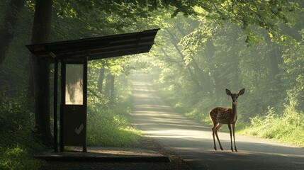 Foggy Forest Road, Deer at Bus Stop © Lesuna
