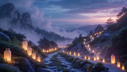 Beautiful landscape with glowing lanterns at dusk in a misty mountain scenery
