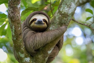 Fototapeta premium Sloth resting peacefully on a tree branch in a lush tropical forest during daylight hours
