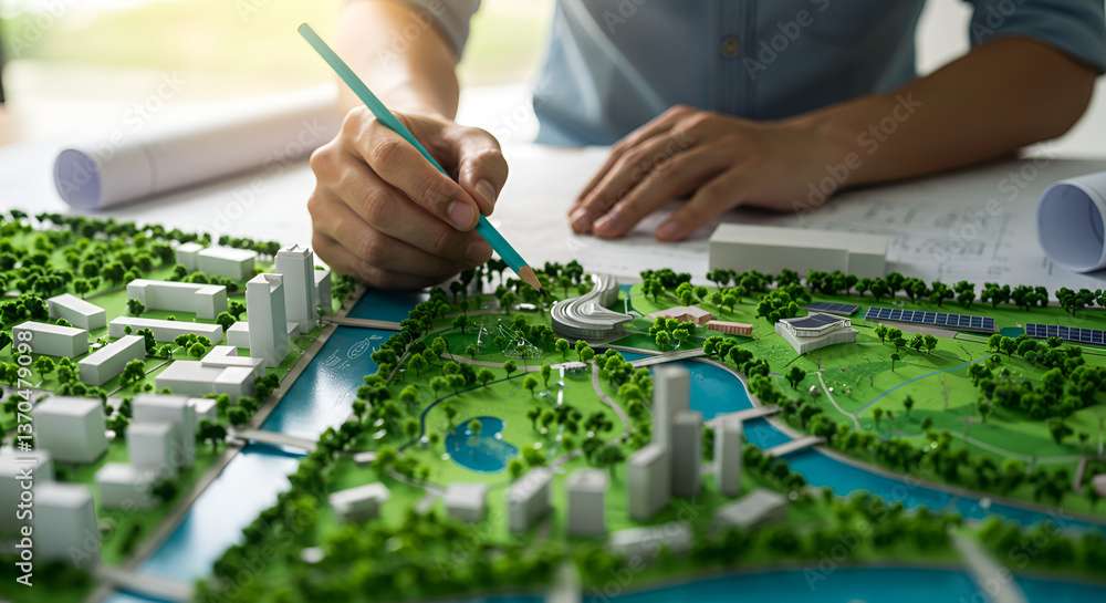 Poster close up of an urban planning model with green spaces and architect hands in bright indoor setting