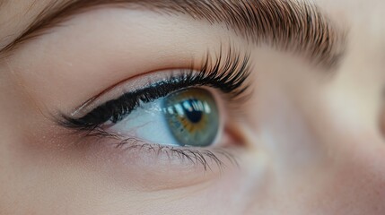Obraz premium Close-up of thick, long eyelashes post beauty salon eyebrow and lash service. Open eye reveals full length of fake mink eyelash extensions, with soft lighting accentuating natural eye color.