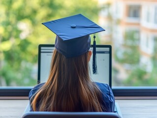 Photo of a student attending a virtual graduation ceremony on a laptop