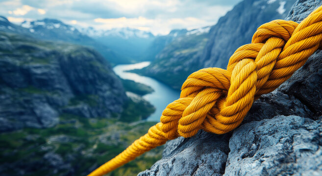 Yellow rope knot in mountains. A bright yellow rope is tightly knotted against a rocky surface, with mountains and a river in the background.